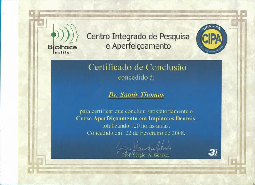 Certificado de Aperfeiçoamento — Bioface Institut
